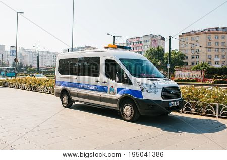 Istanbul, July 11, 2017: A police car on the street in the Aksaray area in Istanbul, Turkey. Protection of public order, protection of the population from crime.