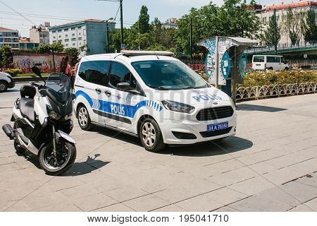 Istanbul, July 11, 2017: A police car on the street in the Aksaray area in Istanbul, Turkey. Protection of public order, protection of the population from crime.