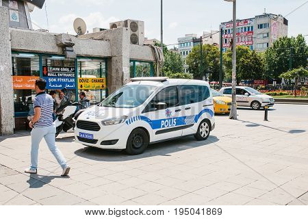 Istanbul, July 11, 2017: A police car on the street in the Aksaray area in Istanbul, Turkey. Protection of public order, protection of the population from crime.