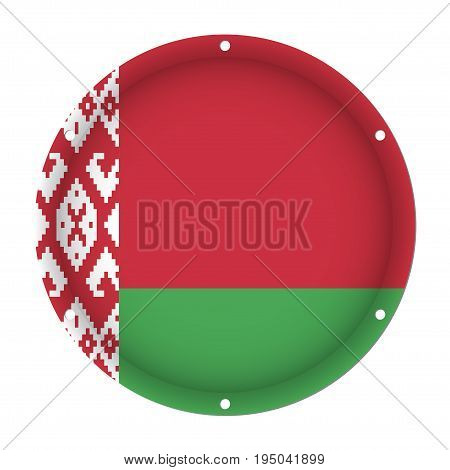 round metallic flag of Belarus with six screw holes in front of a white background