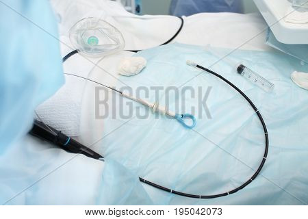 Medical procedure instruments ready for use. Macro photo
