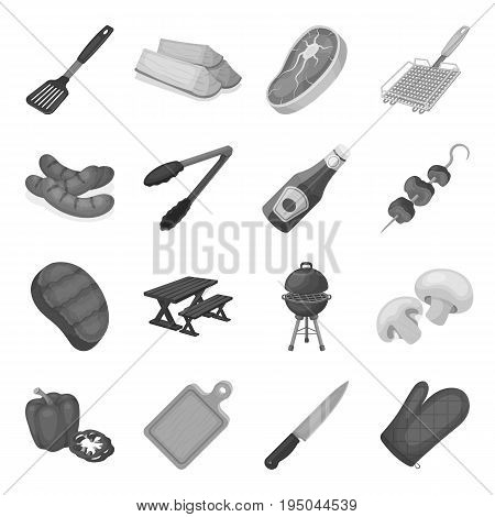 Meat, steak, firewood, grill, table and other accessories for barbecue.BBQ set collection icons in monochrome style vector symbol stock illustration .