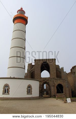 Lighthouse and ruins of abbey in Pointe Saint Mathieu