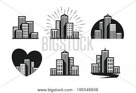 Modern city logo. Skyscraper, building, house, town set of icons. Vector illustration isolated on white background