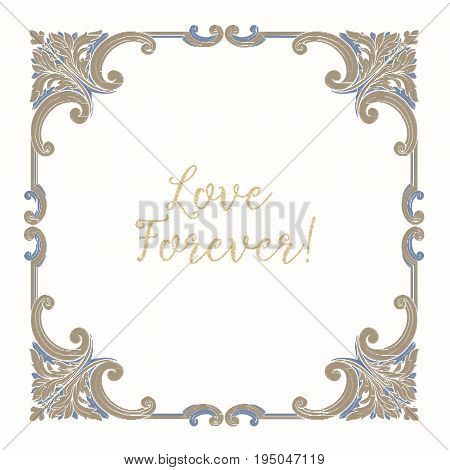 Embroidery with blue and beige vintage frame in rococo style with word love on white background. Stock vector illustration.