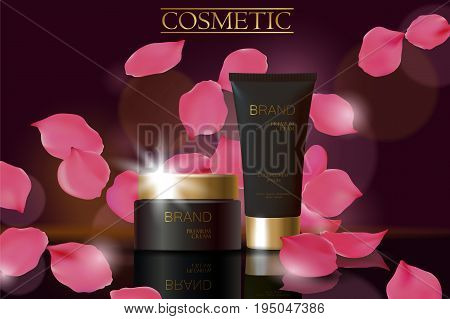 Black cosmetic ad design template. Dark golden skin care package tube glass reflection. Rose petals defocuced background promotional banner vector illustration art