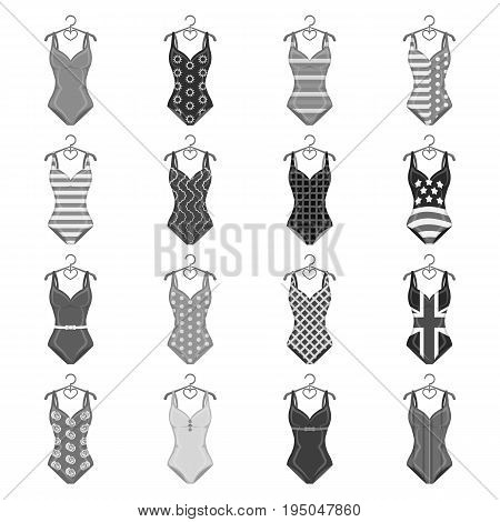 To relax on the beach, a pool of colorful swimsuits. Swimsuits set collection icons in monochrome style vector symbol stock illustration .