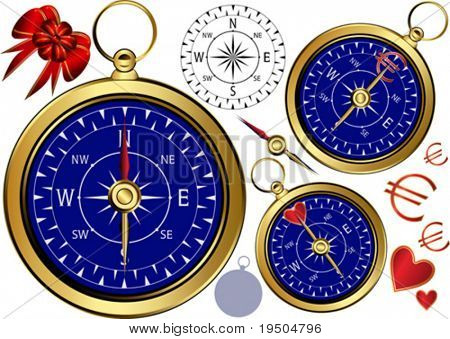 Gold compass for your business. Large, with a heart, with a bow, with an euro.