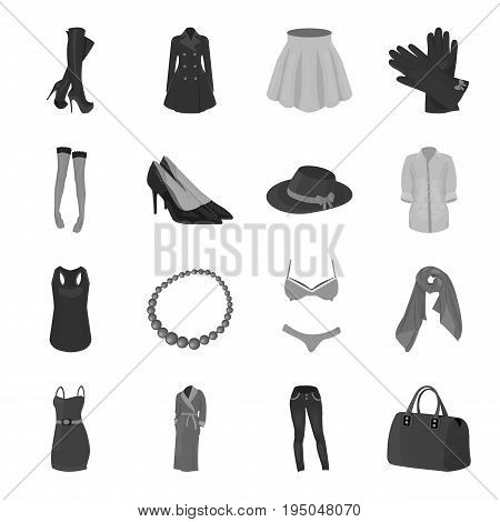 Dress, bra, shoes, women's clothing. Women's clothing set collection icons in monochrome style vector symbol stock illustration .