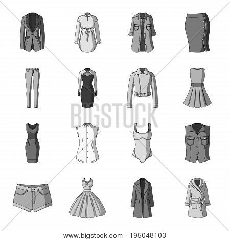 Dress, sarafan, coats of women's clothing. Women's clothing set collection icons in monochrome style vector symbol stock illustration .