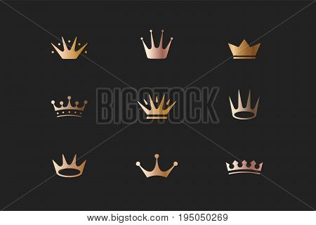 Set of royal gold crowns, icons and logos. Isolated luxury logo for branding, label, hotel, graphic design. Collection logos of crowns for royal persons, king, queen, princess. Vector Illustration