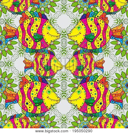 Vector illustration. On colored background. Reaver collection seamless pattern. Hand drawn fish.
