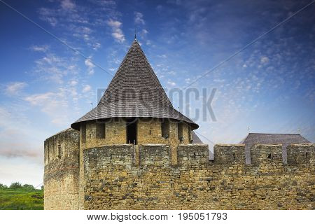 View on the turret and the wall of the Khotyn castle Podillya Ukraine