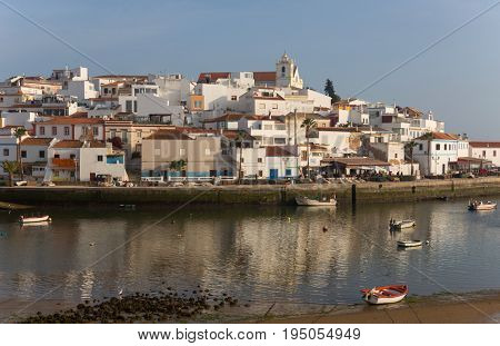 FERRAGUDO, PORTUGAL - APRIL 24, 2017: Picturesque view of Ferragudo fishing village in Algarve, Portugal
