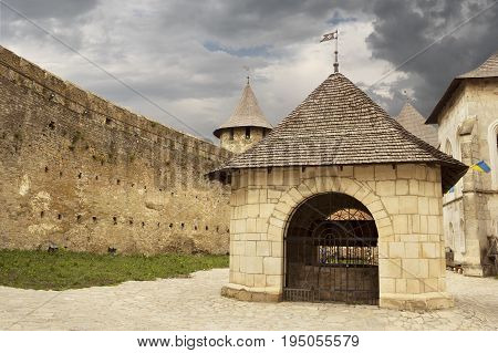Khotyn Ukraine - 21 May 2017: Inside of the Khotyn castle in Ukraine. The castle well is located in the center of the territory.