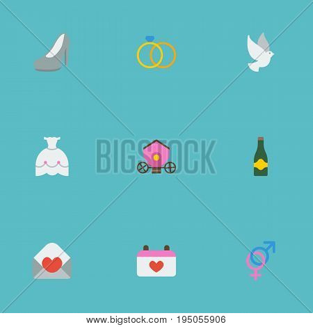 Flat Icons Chariot, Engagement, Pigeon And Other Vector Elements. Set Of Engagement Flat Icons Symbols Also Includes Dove, Wedding, Engagement Objects.