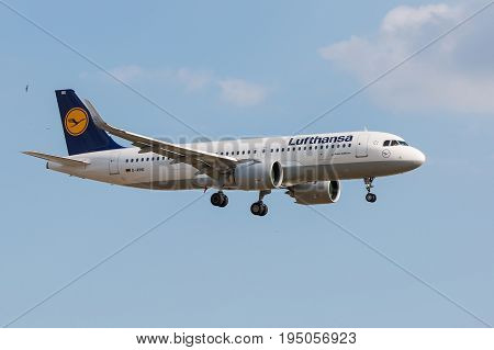 LONDON UK - JULY 9 2017: Plane Airbus A320 neo Lufthansa Airlines landing at London Heathrow Airport