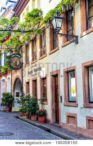 FREIBURG IM BREISGAU, GERMANY - May 17, 2017: old town street in Freiburg, a city in the south-western part of Germany