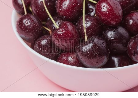 White Bowl Of Fresh Red Cherries On A Pink Background. Close-up
