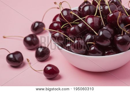 White Bowl Of Fresh Red Cherries On A Pink Background. Close-up