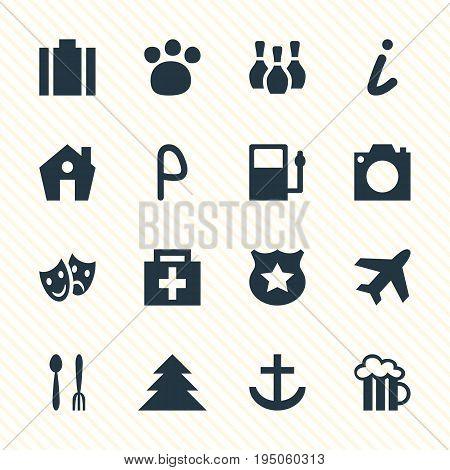 Vector Illustration Of 16 Travel Icons. Editable Pack Of Jungle, Beer Mug, Briefcase And Other Elements.