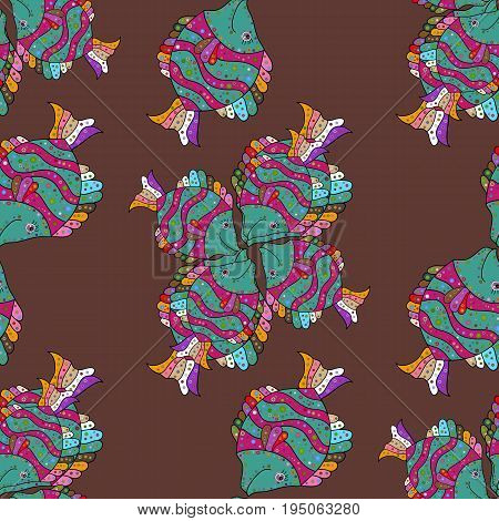 Illustration. On Colored Background With Flowers. Fish Seamless Pattern For Fabric Textile Design Pi
