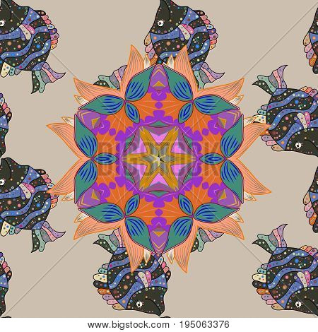 On colored background with flowers. Fish seamless pattern for fabric textile design pillows sketchs cloth bags scrapbook paper. Illustration.