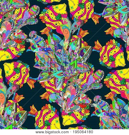 Watercolor seamless pattern. Fishes. Underwater life. Can use for wrapping decoration sketchs prints. Hand drawn illustration.