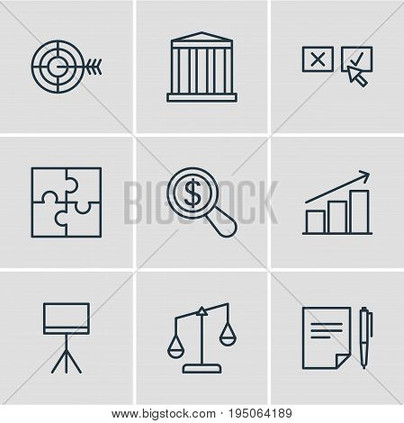 Vector Illustration Of 9 Trade Icons. Editable Pack Of Board Stand, Recision , Building Elements.