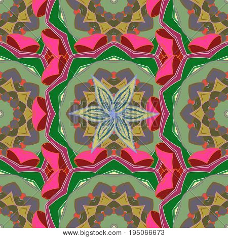 Summer seamless pattern with stylized flowers. Colorfil. Vector ornate zentangle seamless texture pattern with abstract floral mandalas on colorfil background. Can be used for sketch web page.