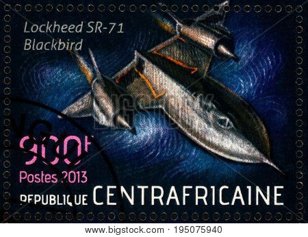 Moscow Russia - July 12 2017: A stamp printed in Central African Republic shows Lockheed SR-71 (Blackbird) - strategic supersonic reconnaissance aircraft series 