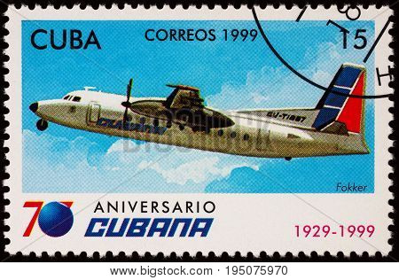 Moscow Russia - July 11 2017: A stamp printed in Cuba shows airliner Fokker F.27 Friendship series 