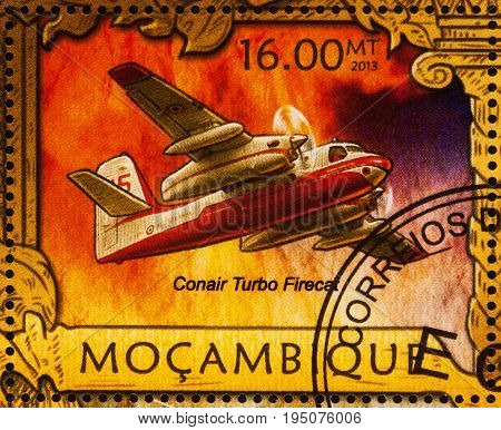 Moscow Russia - July 11 2017: A stamp printed in Mozambique shows fire-fighting aircraft Conair Turbo Firecat series 