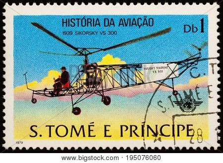 Moscow Russia - July 10 2017: A stamp printed in Sao Tome and Principe shows helicopter Sikorsky VS 300 (1939) series 