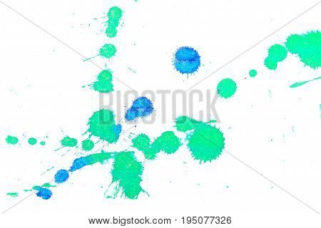 Abstract two-color blue green ink splash. Ink blots. Elements of design. The water-soluble ink on white paper Leste. Abstractionism