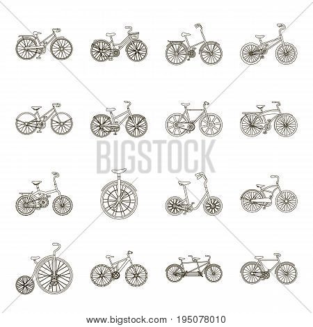 Different models of bicycles. Different bicycle set collection icons in line style vector symbol stock illustration .