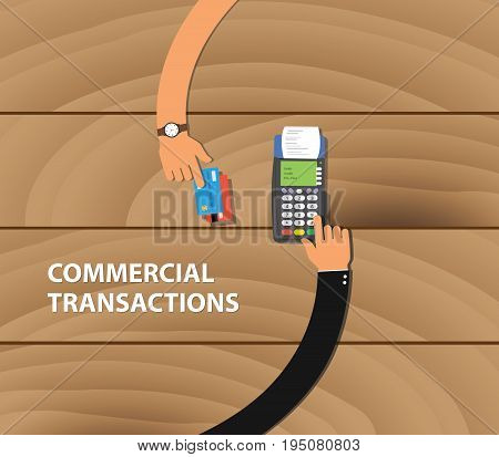 commercial transactions illustration with two business man hand using payment machine and credit card vector