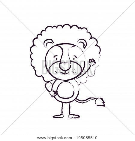 blurred silhouette caricature of cute lion happiness expression and one hand up vector illustration