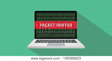 packet sniffer concept illustration with laptop comuputer and text banner on screen with flat style and long shadow vector