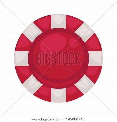 Red round poker chip with striped edges isolated cartoon vector illustration on white background. Special equipment for gambling. Fake money to do stakes in card games or roulette at casino.