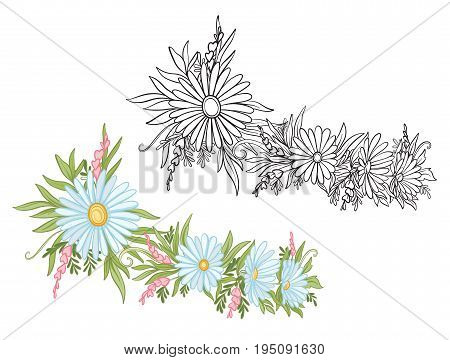 Set of colored and outline bouquet of flowers.   Stock line vector illustration.
