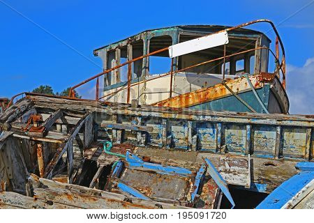 Wrecks of fishing boats at the Rostellec ships cemetery Crozon peninsula Finistere Brittany France