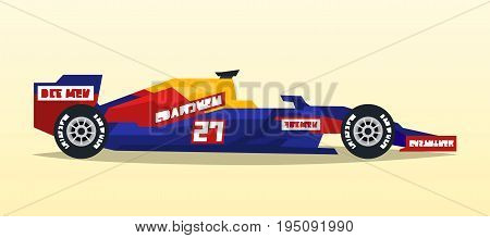 A racing bolid. Sport car. Quick transport. Powerful engine. Aerodynamic body. Side view, isolated on background