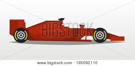 Red racing bolid. Sports car. Quick transport. Powerful engine. Aerodynamic body. Side view, isolated on background. Vector illustration