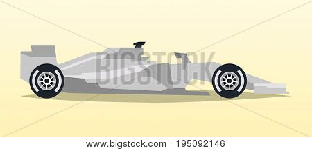 Gray racing bolid. Sports car. Quick transport. Powerful engine. Aerodynamic body. Side view, isolated on background. Vector illustration
