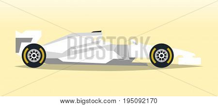 White racing bolid. Sports car. Quick transport. Powerful engine. Aerodynamic body. Side view, isolated on background. Vector illustration