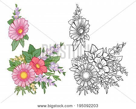 Set of colored and outline bouquet of flowers.   Stock line vector illustration.