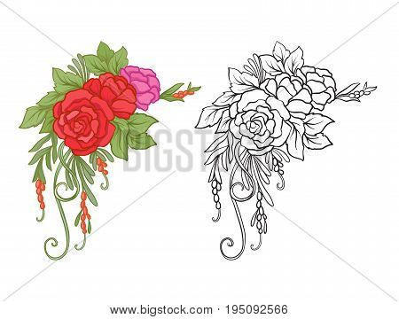 Set of colored and outline bouquet of flowers.   Stock line vector illustration.