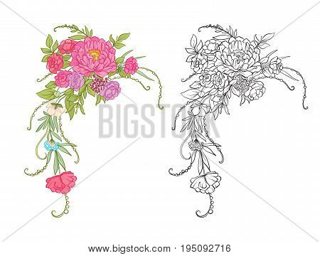 Set of colored and outline bouquet of flowers.   Stock line vector illustration.