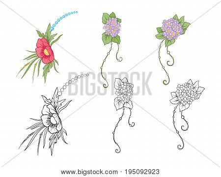 Set of colored and outline bouquet of flowers.   Stock line vector illustration.